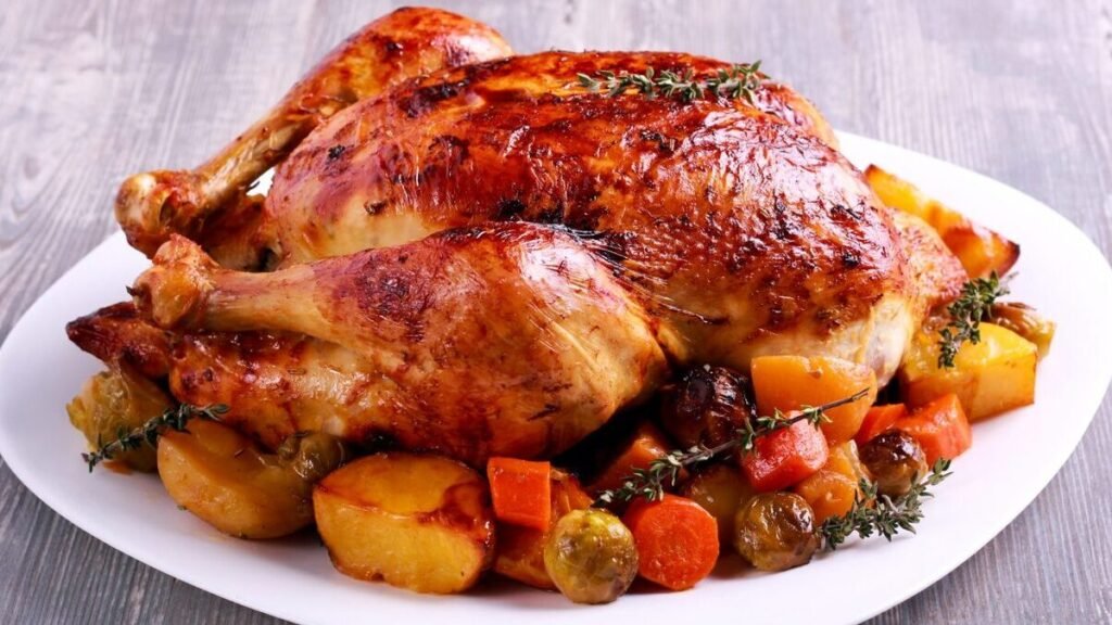 Pollo sulla bottiglia con patate e funghi